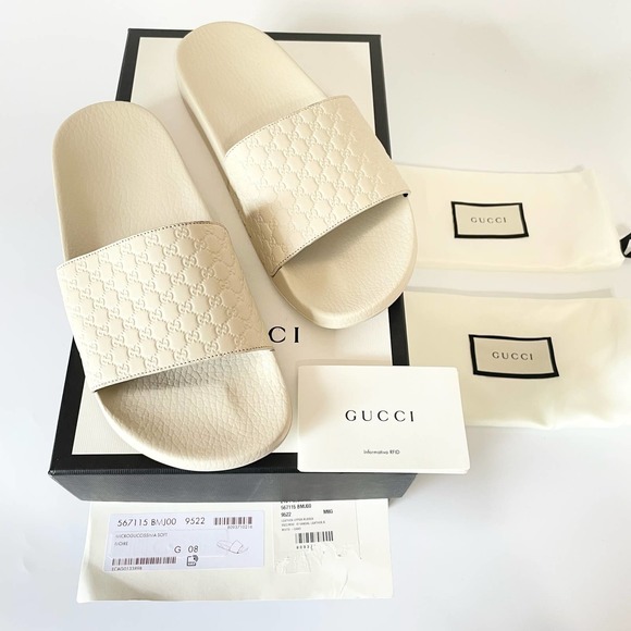 Gucci Shoes - Gucci Leather Rubber Slide Sandal White Micro GG Monogram US Women 10 Men 8.5